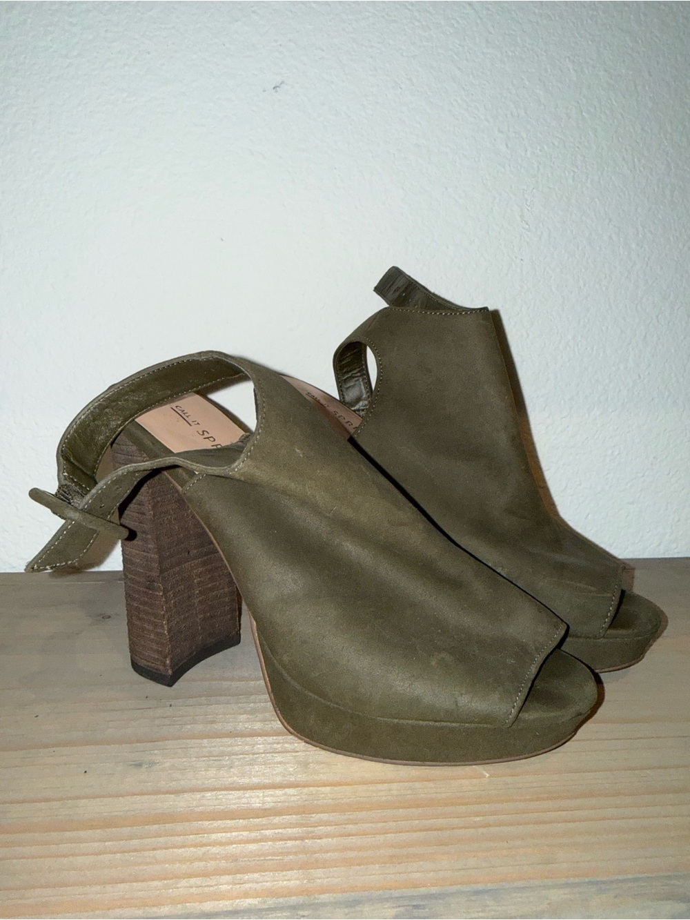 Olive Green Peep-Toe Slingback Chunky Heels, size 7